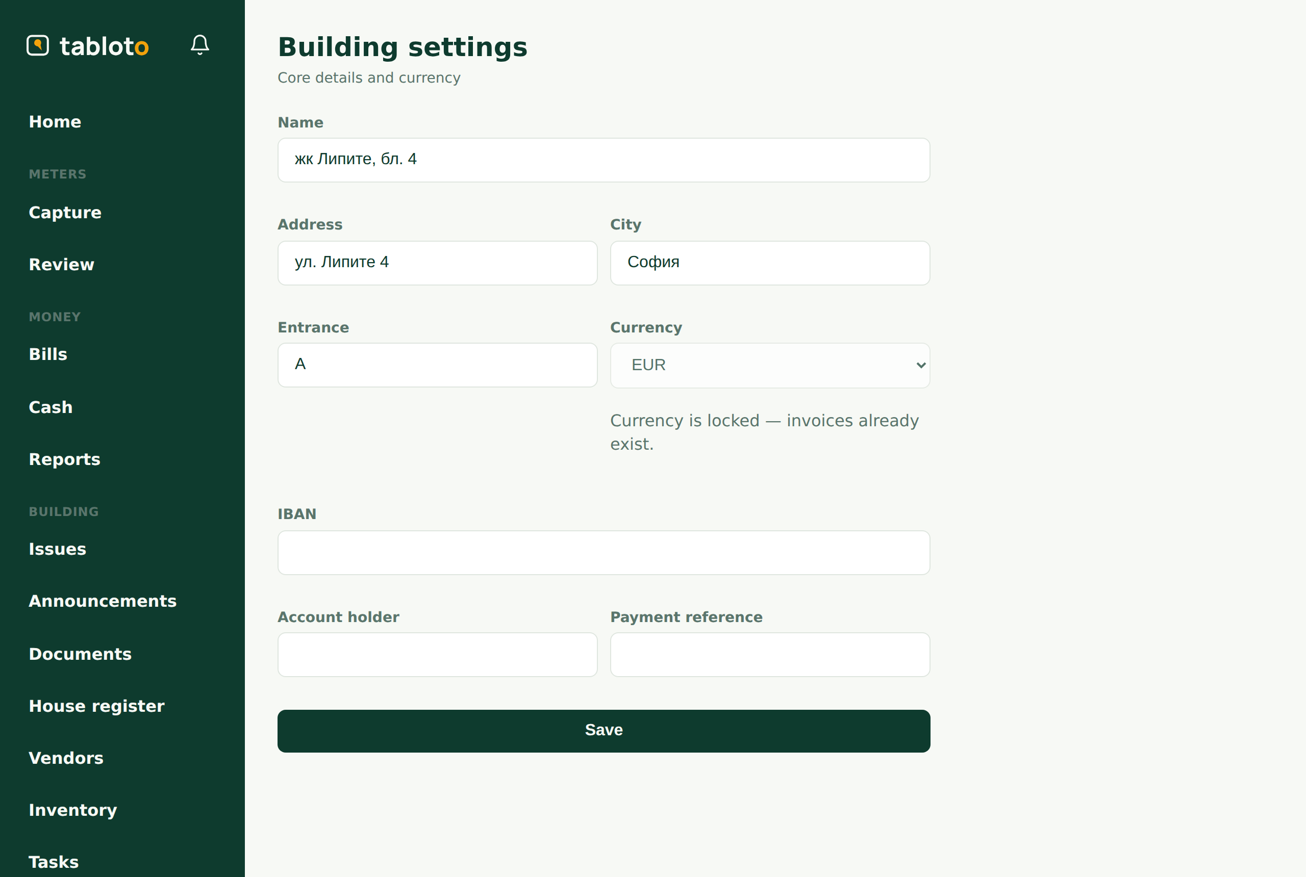 Building settings: the bank account and currency, before it locks.