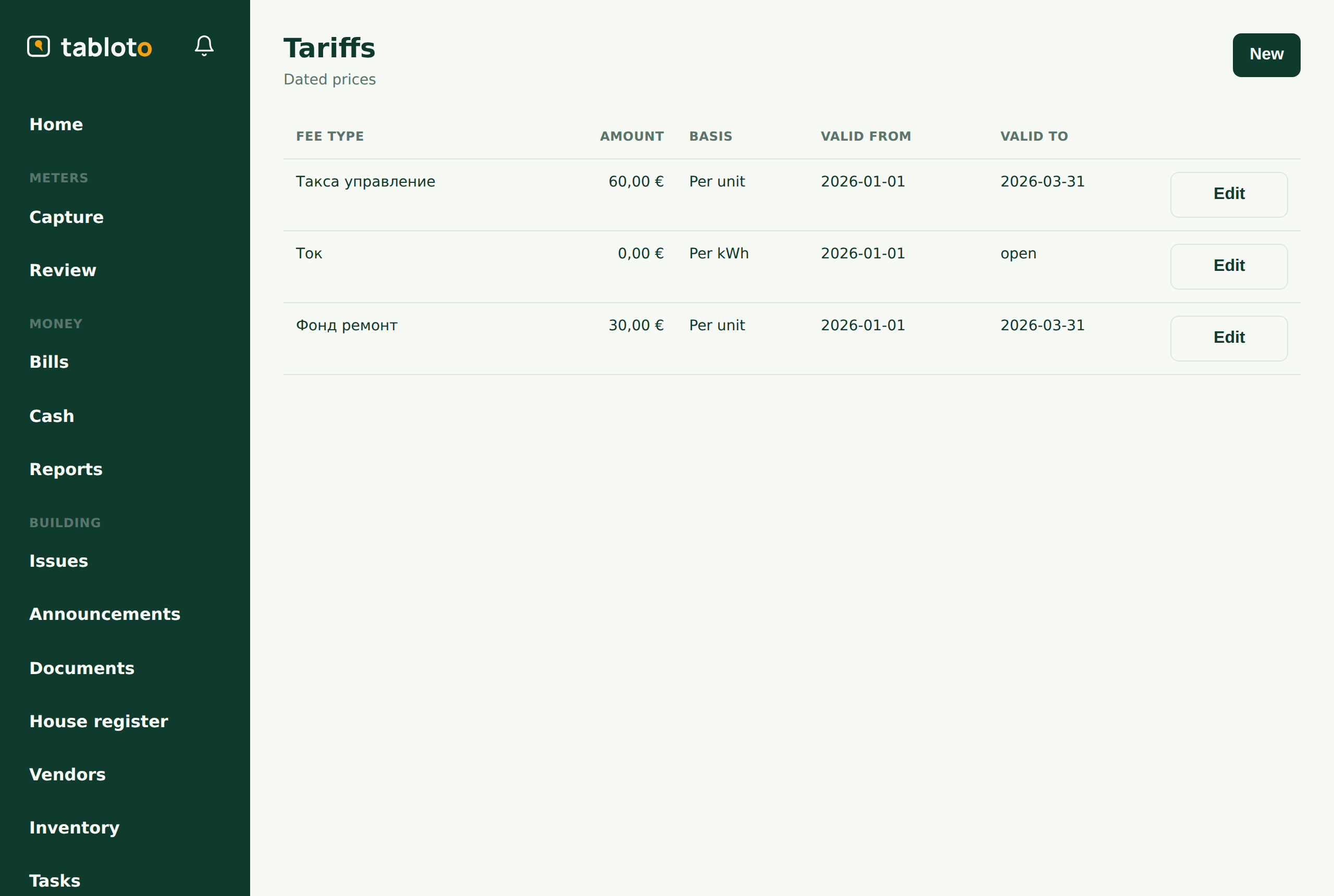 The tariffs: amount and basis for each fee.