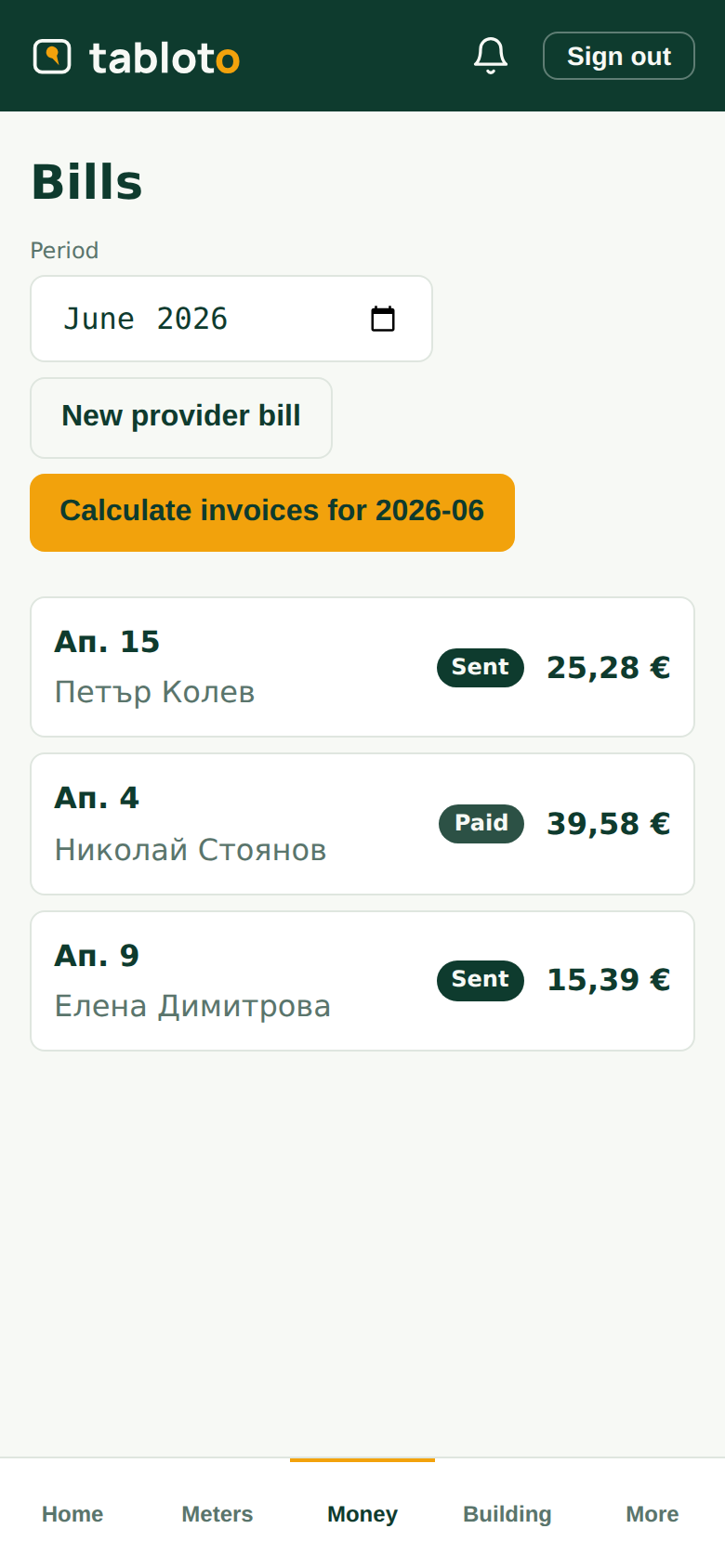 A list of the month's bills per apartment, marked paid or sent.