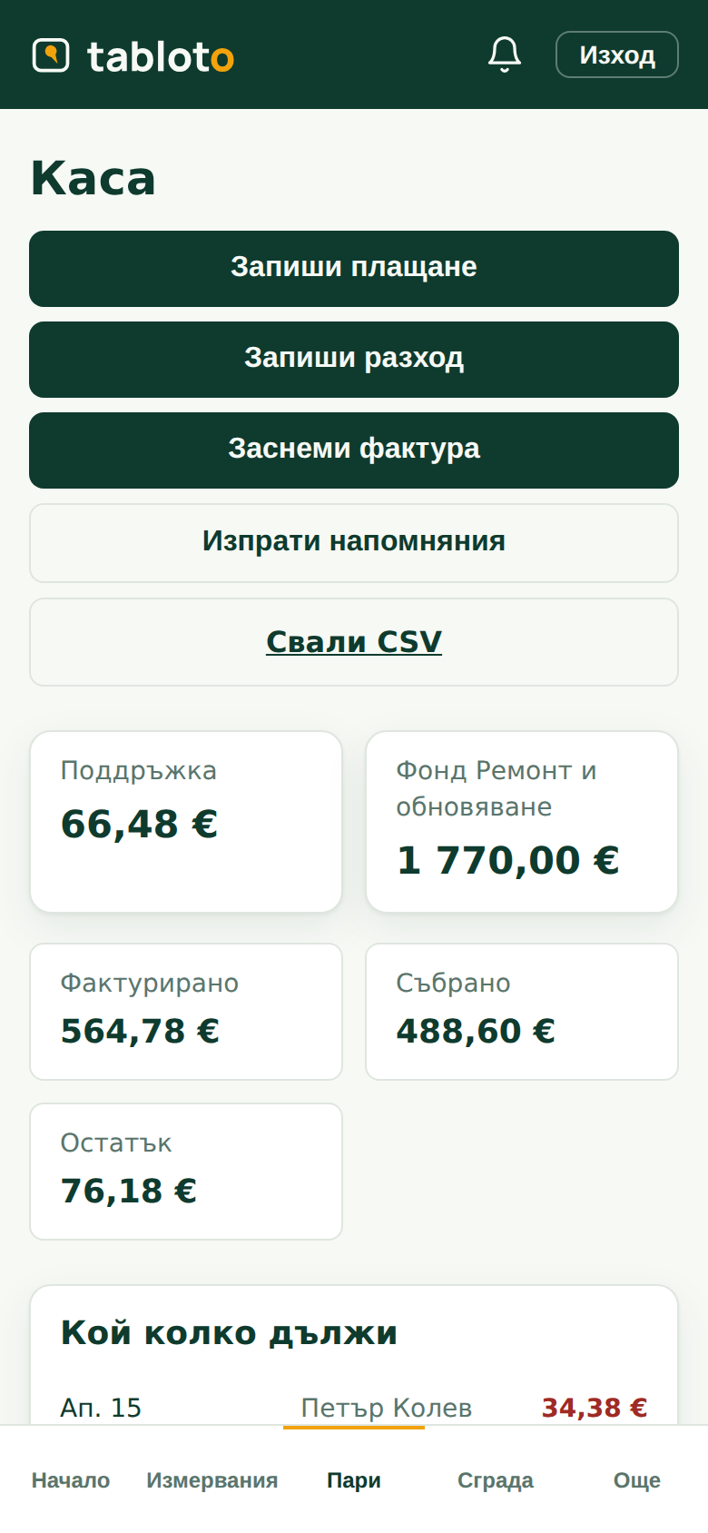 Табло с фондовете на сградата и списък кой колко дължи.