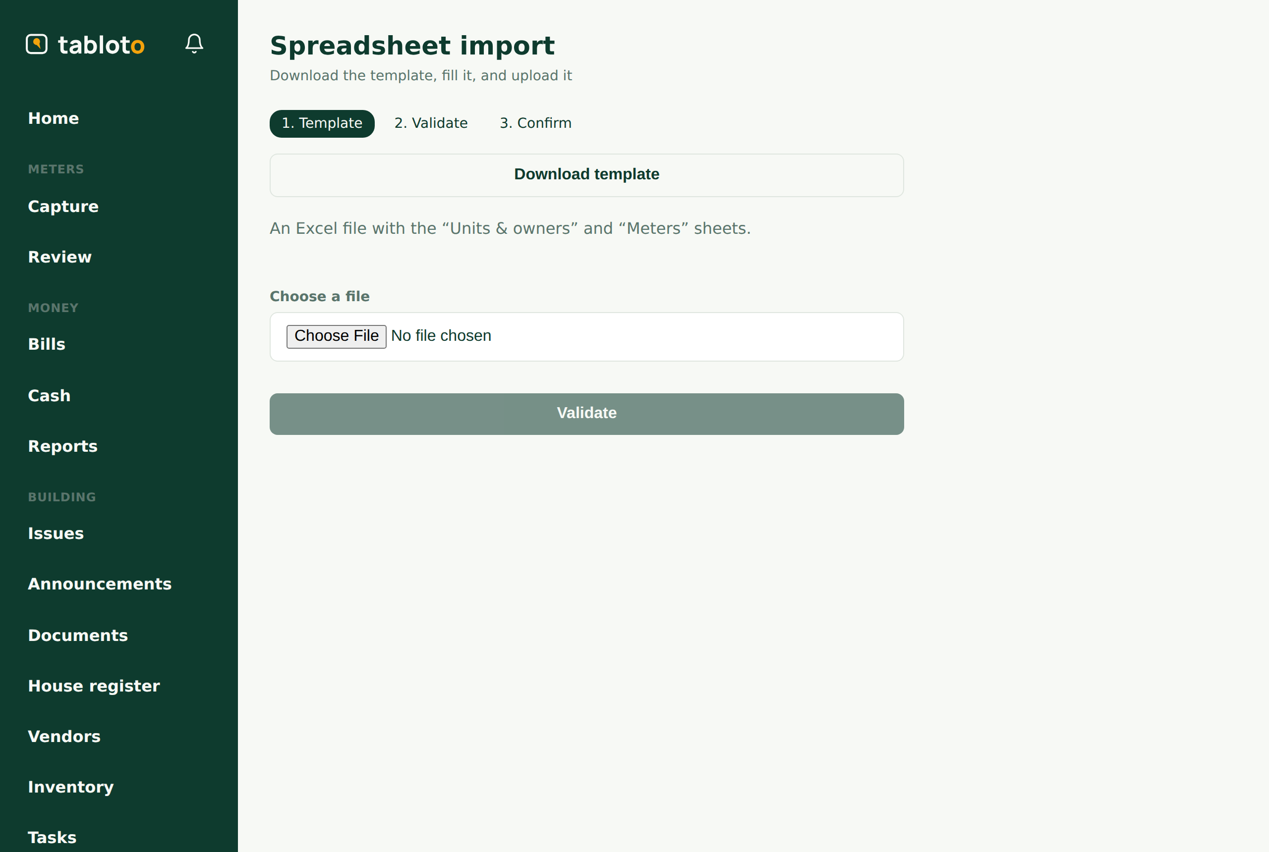 The import wizard: the three steps — download the template, upload, and commit.