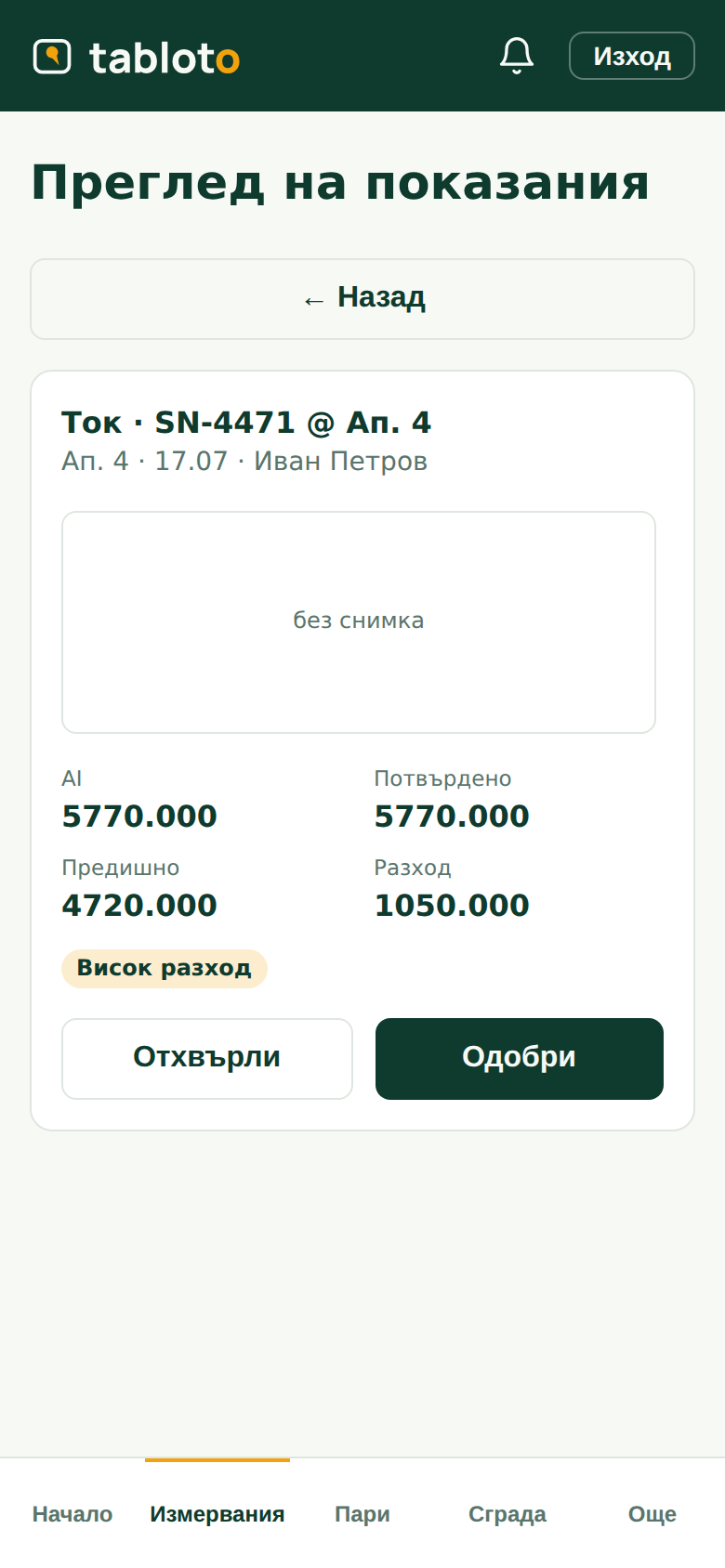 Преглед на показание: разчетената от програмата стойност до потвърдената от човек.