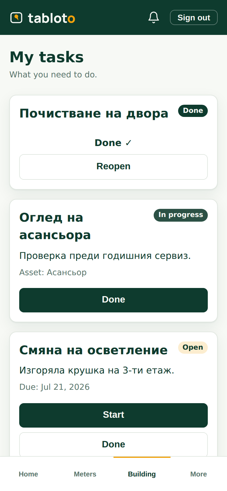 The caretaker's task list, each task with its status.