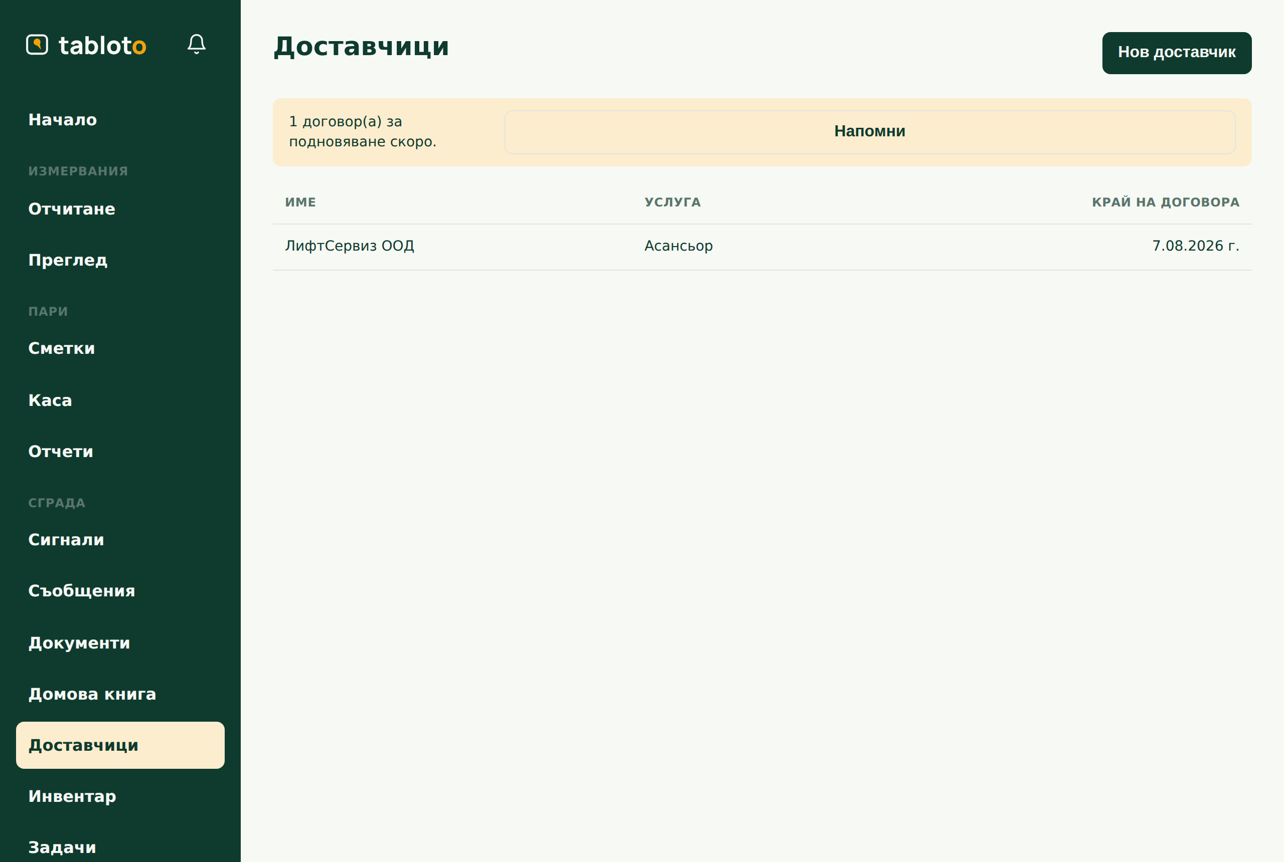 Доставчиците: фирмите по договор (асансьор, почистване), с напомняния за подновяване.